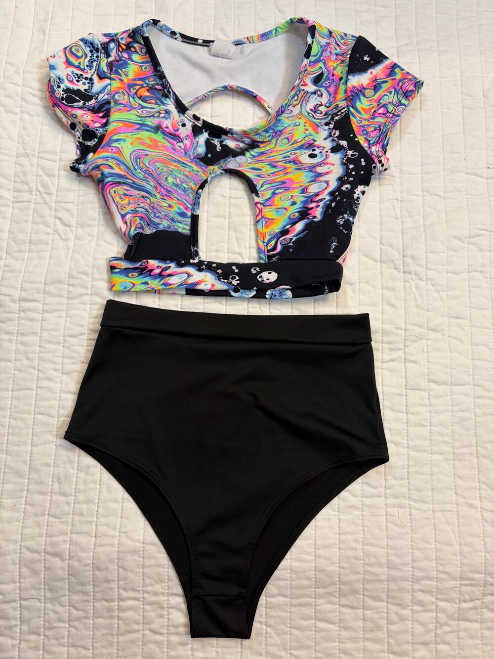 iHeartRaves Psychedelic Neon Keyhole Crop Top & High Waisted Bottoms Rave Set XS